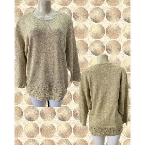 August Silk M Gold Beige Metallic Crew Neck Crochet Hem Long Sleeve Sweater - Picture 1 of 6